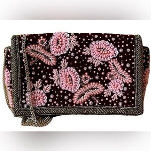 Anthropologie | Beaded Velvet Floral Clutch | Plum & Pink